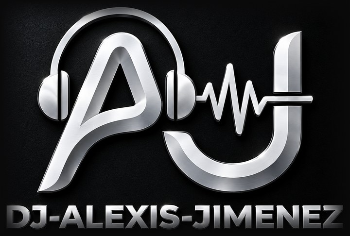 Logo oficial de DJ Alexis Jiménez: monograma AJ cromado con audífonos y onda de sonido