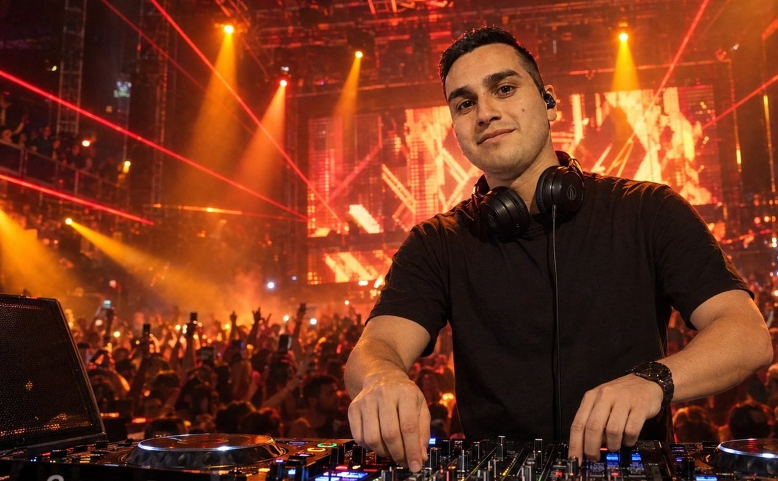 DJ Alexis Jiménez mezclando en vivo frente a una multitud en un club nocturno con luces láser