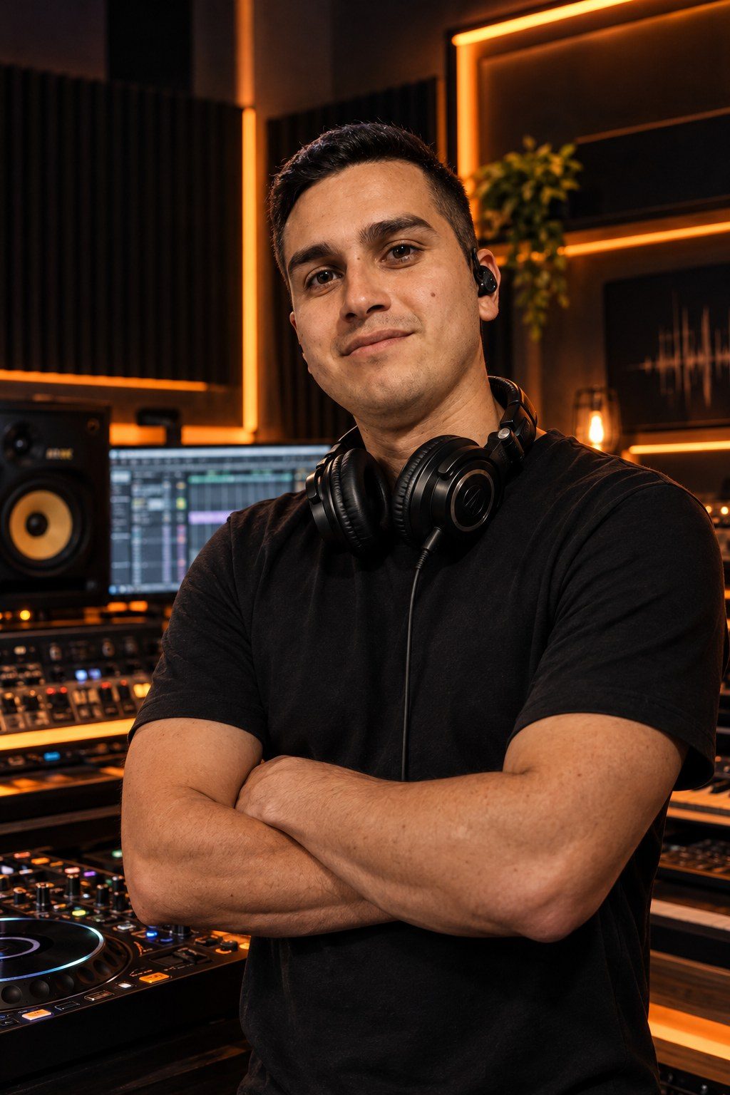 Retrato de DJ Alexis Jiménez con audífonos profesionales en su estudio